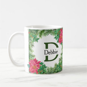 Christmas Poinsettia Holiday Editable Name Initial Coffee Mug