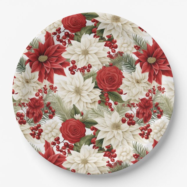Christmas Poinsettia – Holiday Floral Design Paper Plate (Front)