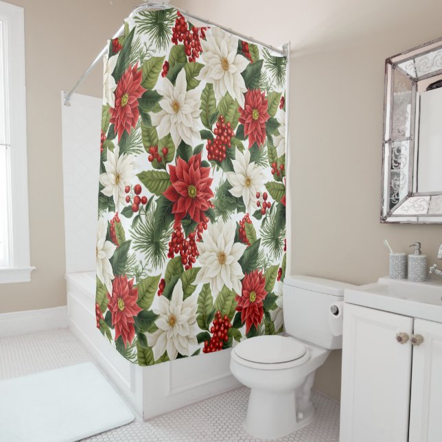 Christmas Poinsettia – Holiday Floral Design Shower Curtain (In Situ)