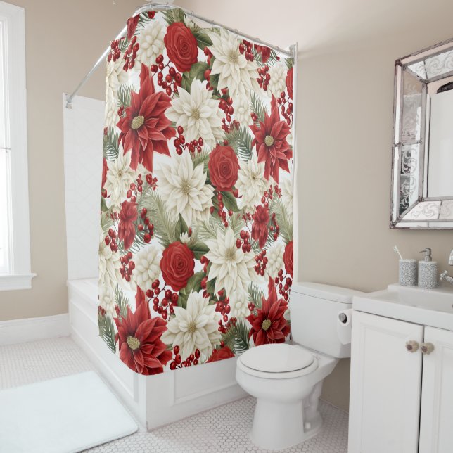 Christmas Poinsettia – Holiday Floral Design Shower Curtain (In Situ)