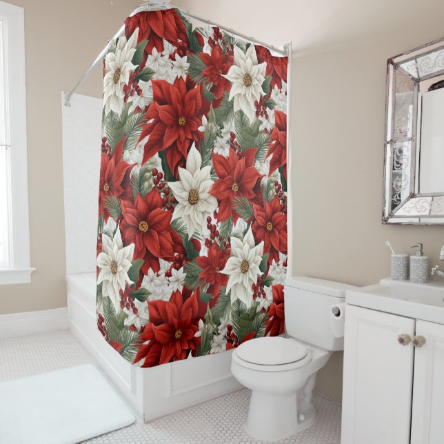 Christmas Poinsettia – Holiday Floral Design Shower Curtain (In Situ)