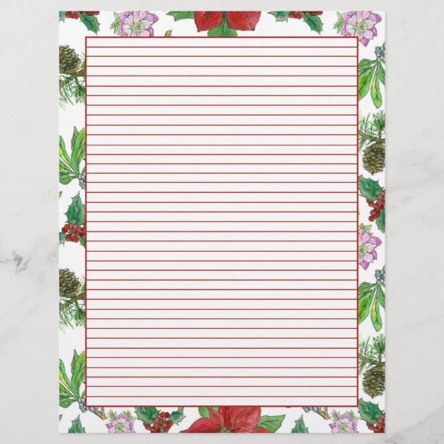 Christmas Poinsettia Holiday Letters Red Lined Custom Letterhead (Front)