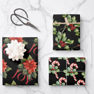 CHRISTMAS POINSETTIA, HOLLY, CANDY CANE on BLACK Wrapping Paper Sheet