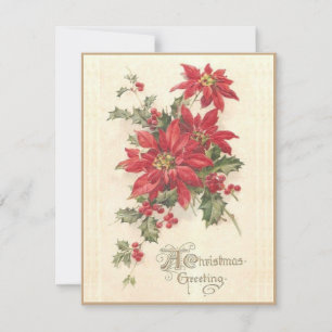 Christmas Poinsettia Holly Vintage Red Holiday Card