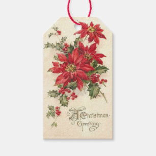 Christmas Poinsettia Holly Vintage Red Holiday Gift Tags