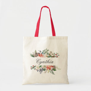 Christmas Poinsettia Ivory Red Green Winter Floral Tote Bag