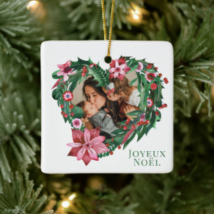 Christmas Poinsettia Joyeux Noël Holiday Photo Ceramic Ornament