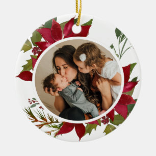 Christmas Poinsettia Joyeux Noël Photo Ceramic Tree Decoration