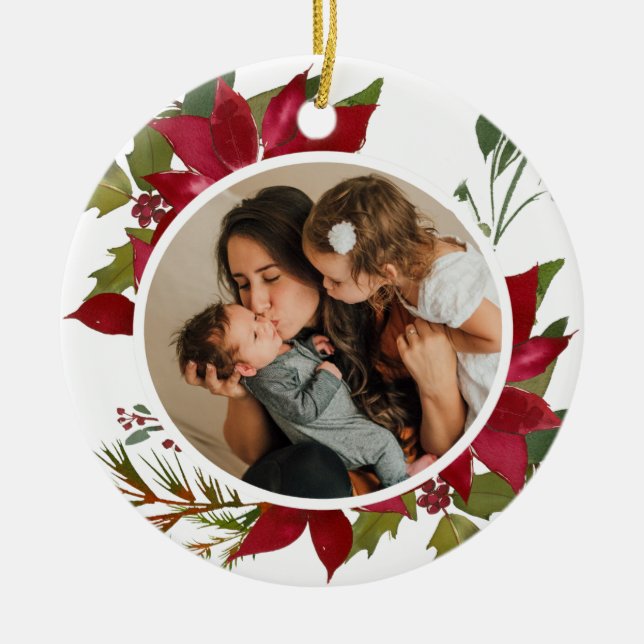 Christmas Poinsettia Joyeux Noël Photo Ceramic Tree Decoration (Front)