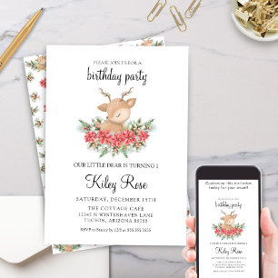 Christmas Poinsettia Little Deer Birthday Party Invitation