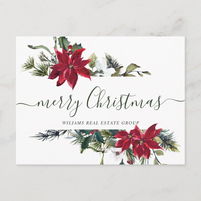 Christmas Poinsettia Mistletoe Corporate Greeting Holiday Postcard (Front)