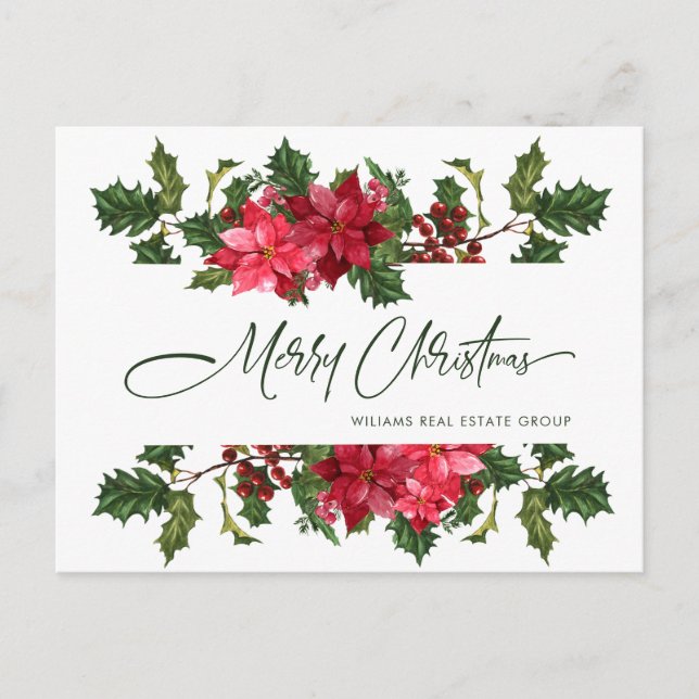 Christmas Poinsettia Mistletoe Corporate Greeting Holiday Postcard (Front)