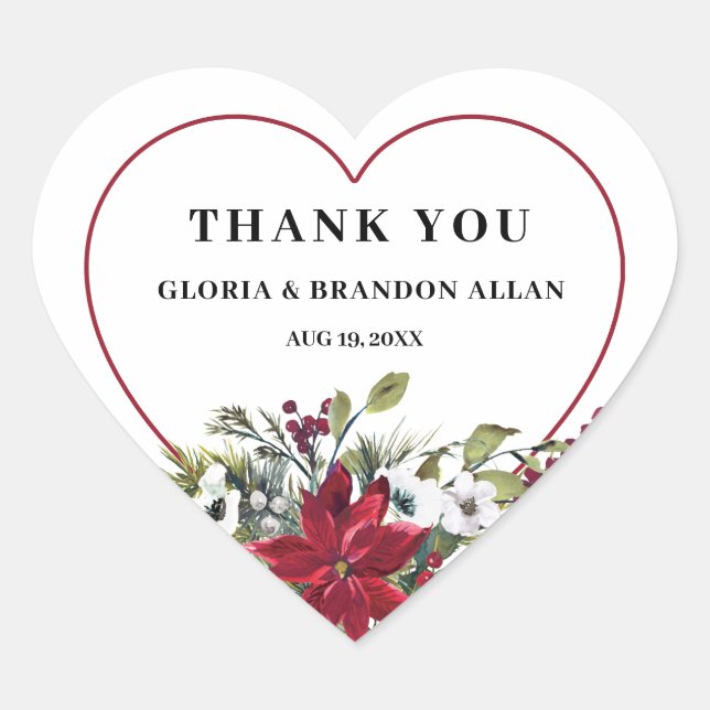 Christmas Poinsettia Modern Wedding Heart Sticker (Front)
