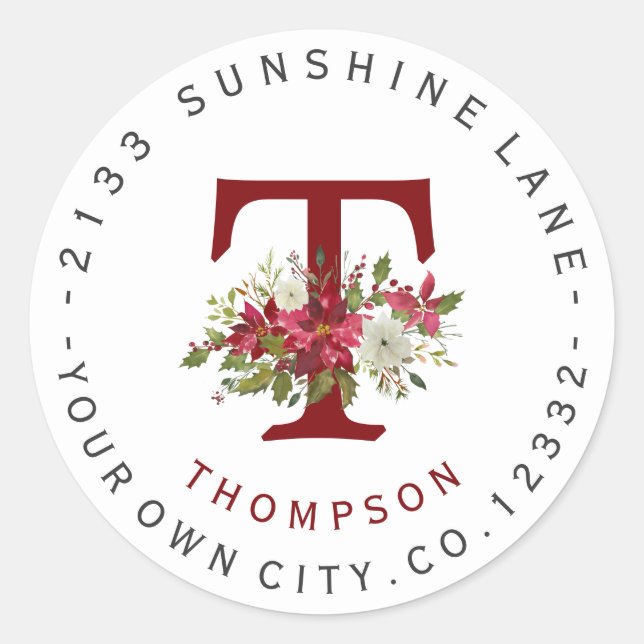 Christmas Poinsettia Monogram Address Label (Front)