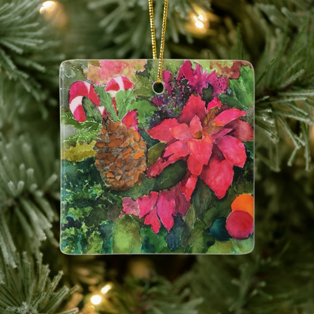 Christmas Poinsettia Original Watercolor Painting Ceramic Ornament (Tree)
