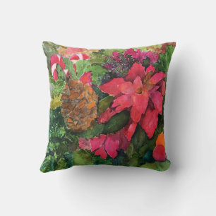 Christmas Poinsettia Original Watercolor Painting Cushion