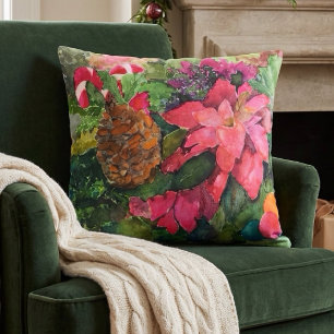 Christmas Poinsettia Original Watercolor Painting Cushion