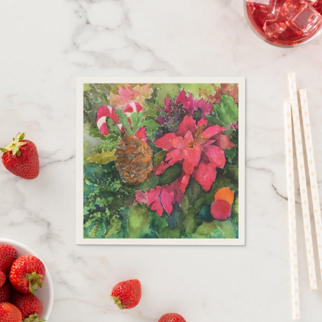 Christmas Poinsettia Original Watercolor Painting Napkin (Insitu)