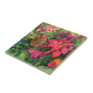 Christmas Poinsettia Original Watercolor Painting Tile
