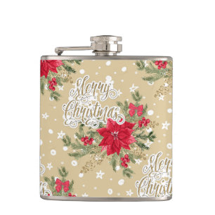 Christmas Poinsettia Pattern Hip Flask
