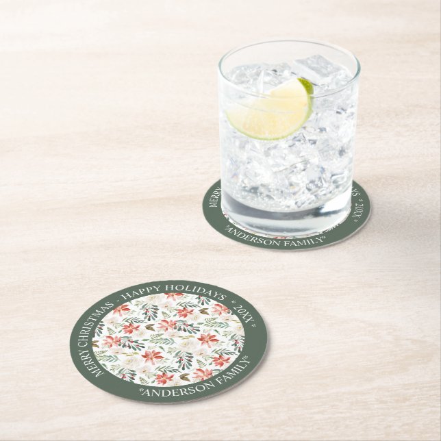 Christmas poinsettia pattern round paper coaster (Insitu)