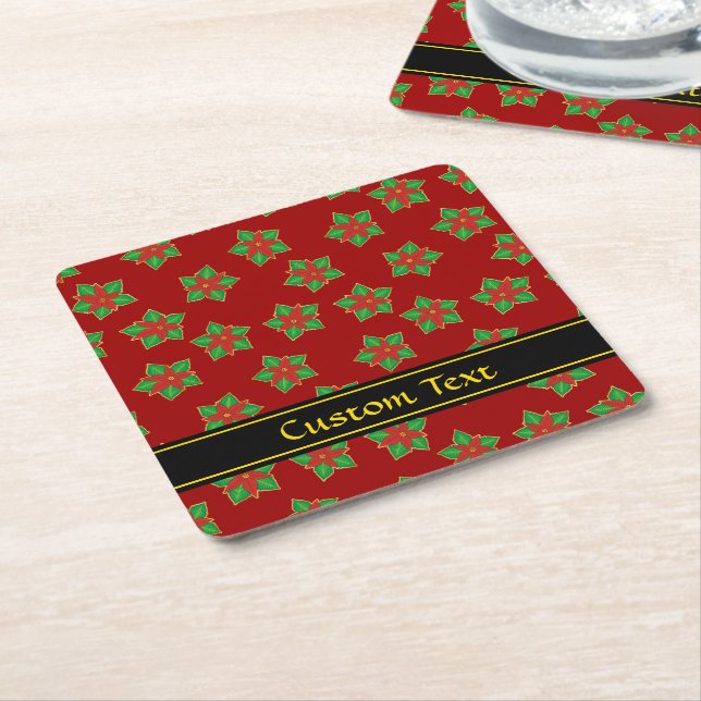 Christmas Poinsettia Pattern Square Paper Coaster (Angled)