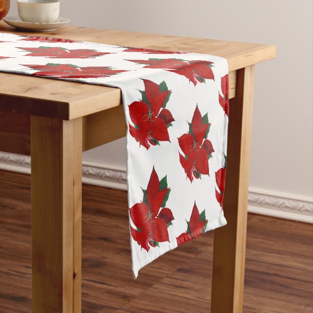 Christmas Poinsettia Pattern Watercolor Short Table Runner (In Situ)