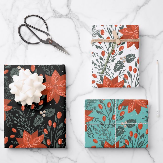 Christmas poinsettia pattern wrapping paper sheet (Front)
