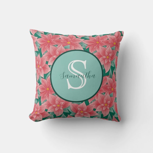 Christmas Poinsettia Personalised Monogram Cushion (Front)