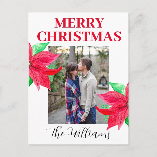 Christmas Poinsettia Photo Collage watercolor Holiday Postcard (Front)