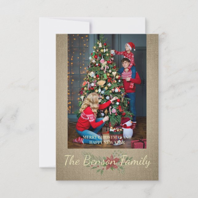 Christmas Poinsettia Photo Family Textile Texture Card (Front)