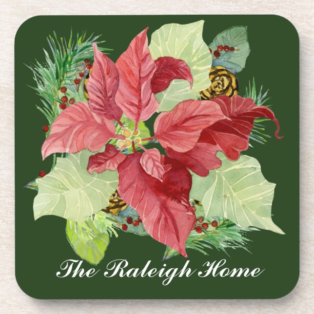 Christmas Poinsettia Pine Cone Gift Personalised Coaster (Front)