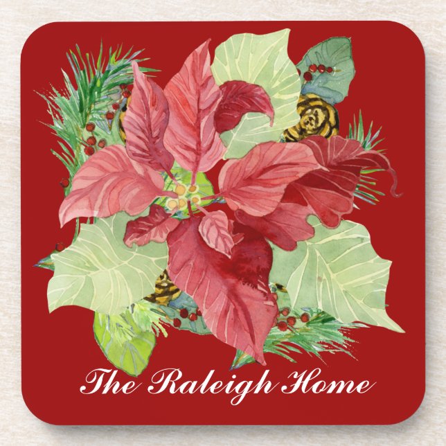 Christmas Poinsettia Pine Cone Gift Personalised Coaster (Front)