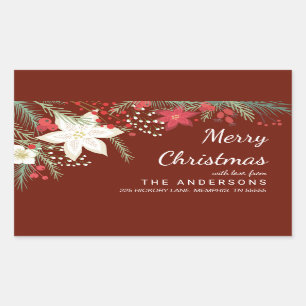 Christmas Poinsettia & Pine Foliage Return Address Rectangular Sticker