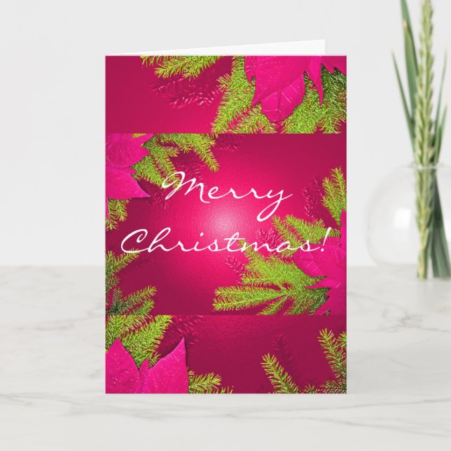 Christmas Poinsettia Pink And Green In English Holiday Card (Front)