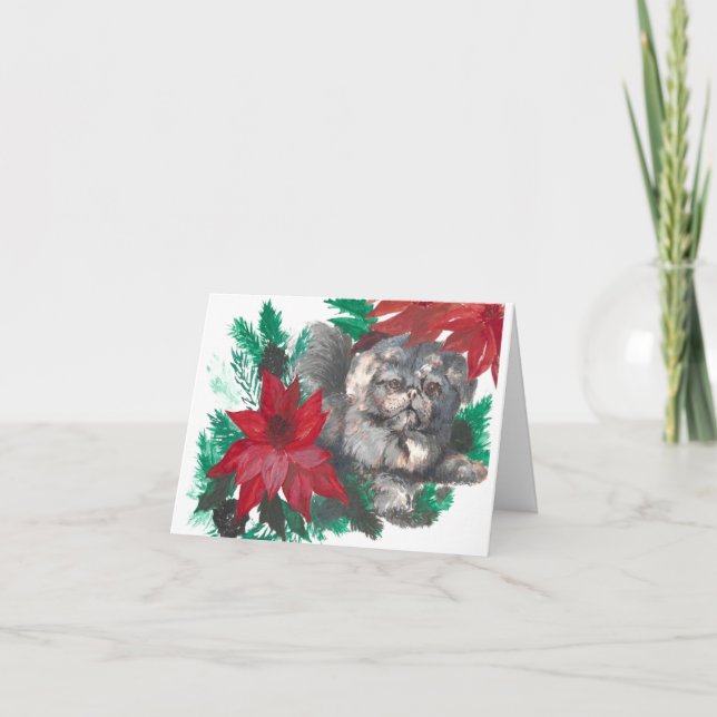 Christmas Poinsettia Puppy Designed Folded Card (Front)