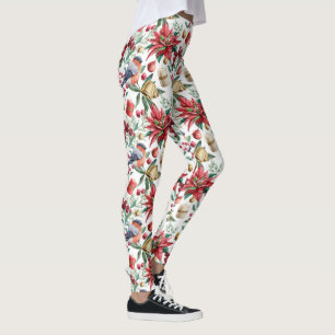 Christmas poinsettia red berries and a bird leggings