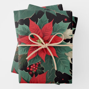 Christmas Poinsettia, Red Berries, Fir Branches Wrapping Paper Sheet
