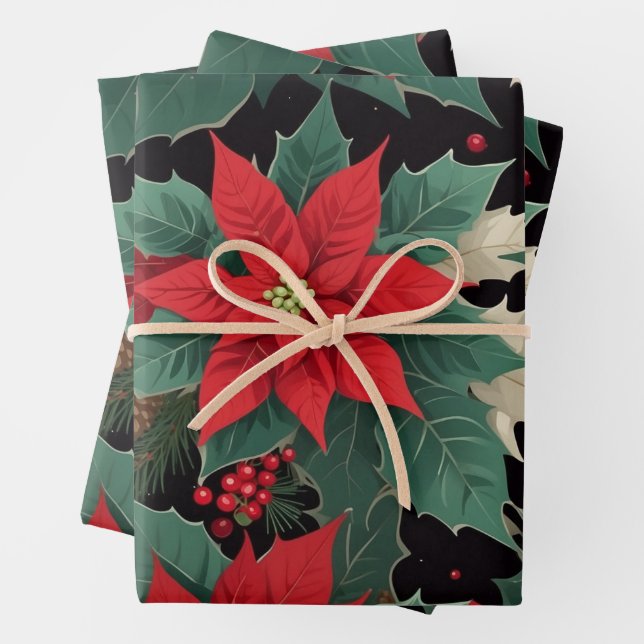 Christmas Poinsettia, Red Berries, Fir Branches Wrapping Paper Sheet (In situ)