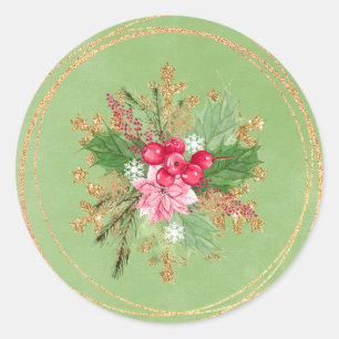 Christmas Poinsettia Red Berry Gold Wedding Classic Round Sticker