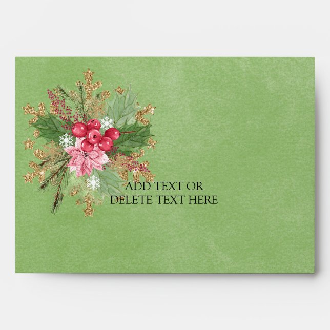 Christmas Poinsettia Red Berry Gold Wedding Envelope (Front)