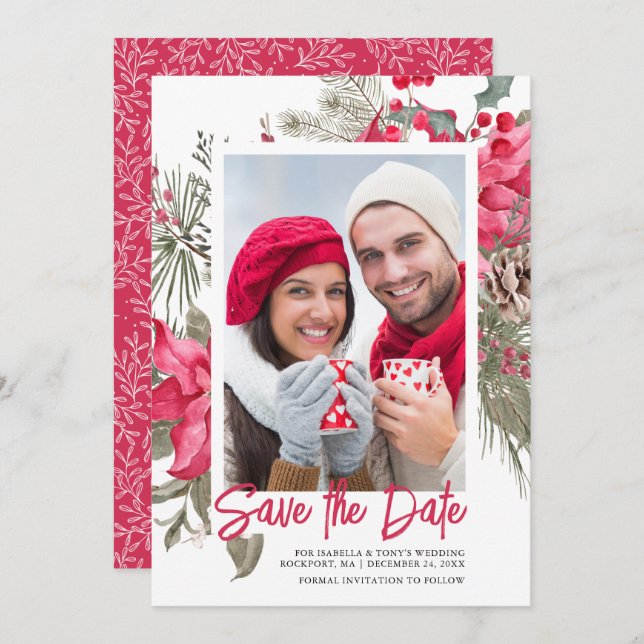 Christmas Poinsettia Red Floral Holly Pine Save The Date (Front/Back)