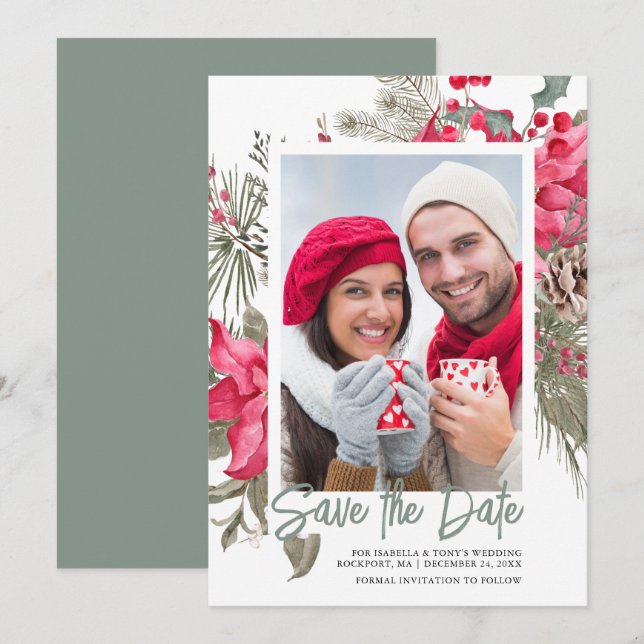 Christmas Poinsettia Red Floral Holly Pine Save The Date (Front/Back)