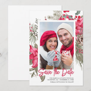 Christmas Poinsettia Red Floral Holly Pine Save The Date