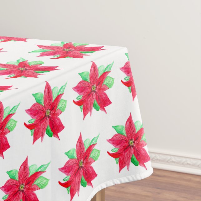 Christmas Poinsettia Red Floral Watercolor Tablecloth (In Situ)