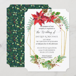 Christmas Poinsettia Red Gold Terrarium Watercolor Invitation