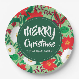 Christmas Poinsettia Red White Floral Monogram Paper Plate