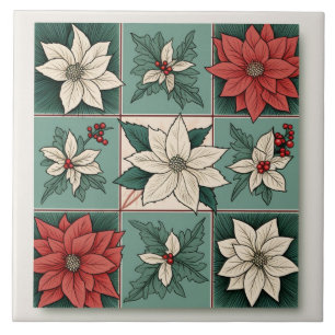 Christmas Poinsettia Red White Green Floral Tile