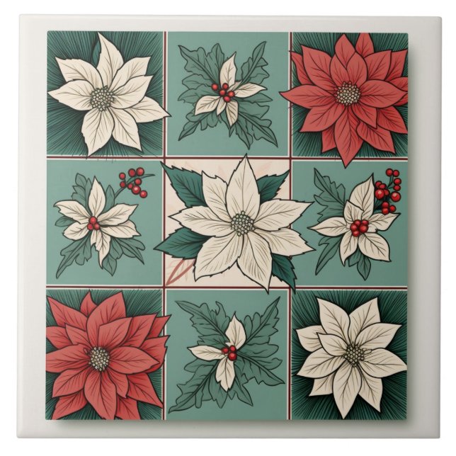 Christmas Poinsettia Red White Green Floral Tile (Front)
