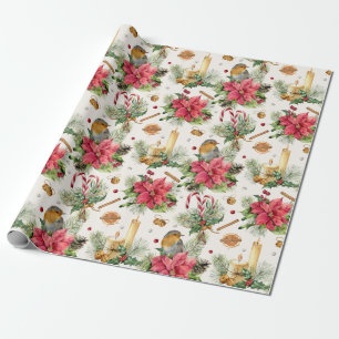 Christmas poinsettia, robin, candy canes, candles wrapping paper